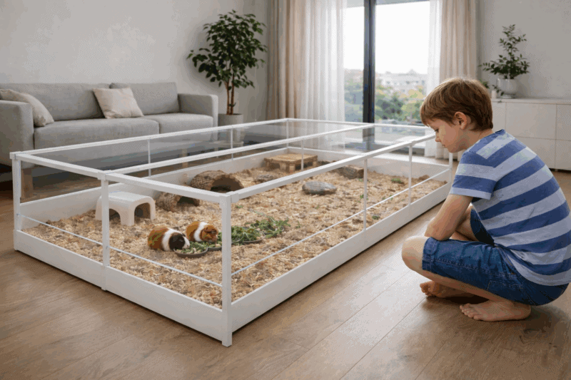 Großer Meerschweinchen Laufstall mit Schutz, ideal für Heimhaltung und artgerechte Haltung.