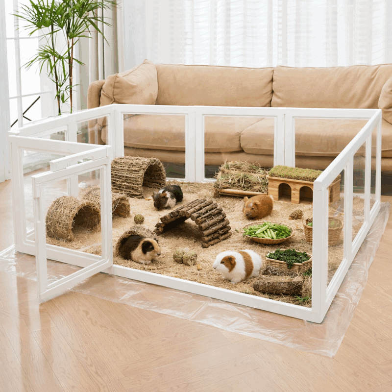 Käfig für Meerschweinchen mit Holzbrücken und Verstecken, ideal für artgerechte Haltung.