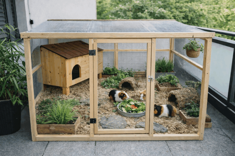 1. Großer Meerschweinchen-Auslauf mit Holzhaus und Pflanzen für artgerechte Haltung.