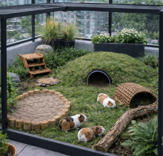 Bunte Meerschweinchen auf Dachterrasse mit Spielbereich und Pflanzen.