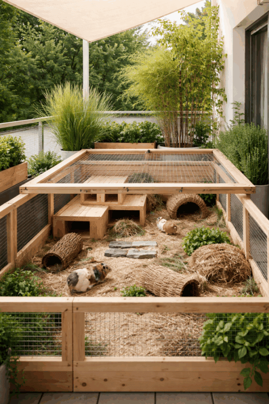 Freigehege für Meerschweinchen mit Verstecken und Klettermöglichkeiten, ideal für artgerechte Haltung.