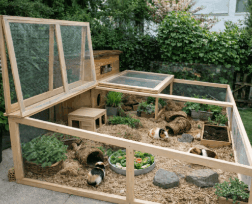 Freilaufgehege für Meerschweinchen im Garten, attraktiv und sicher.
