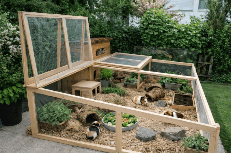 Freilaufgehege für Meerschweinchen im Garten, attraktiv und sicher.