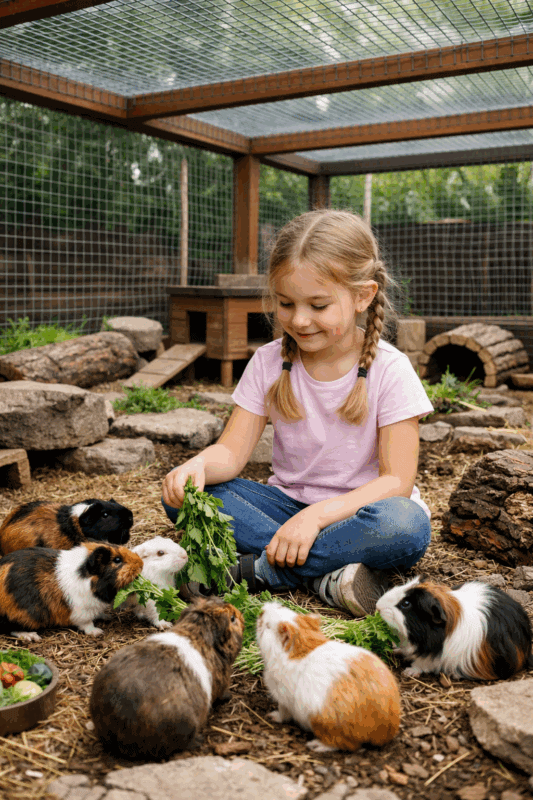 1. Kleine Mädchen füttert Meerschweinchen im Außengehege mit frischem Grün.