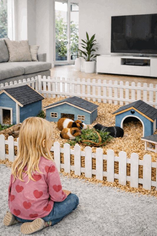 1. Hamstergehege mit Holzhäusern und Meerschweinchen, kindgerecht gestaltet.