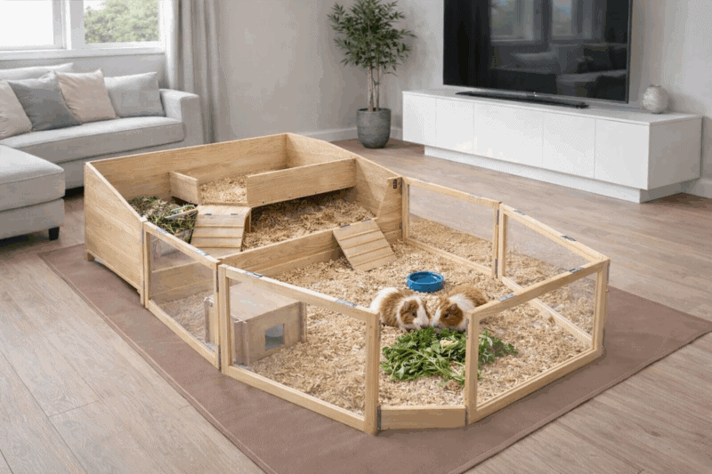 1. Kleines Käfig für Meerschweinchen mit Zwischenboden und Versteckmöglichkeiten.