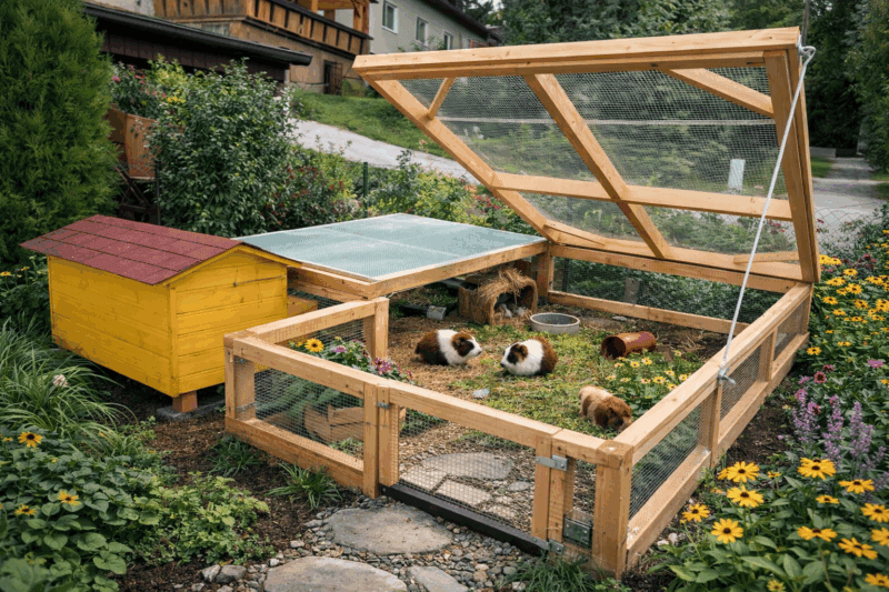Häufige Meerschweinchen in einem sicheren Freilaufgehege im Garten.