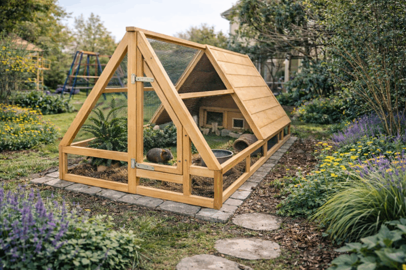 Hochwertiges Meerschweinchengehege im Garten für gesunde und glückliche Meerschweinchen. Robust und inklusive Schutznetz.
