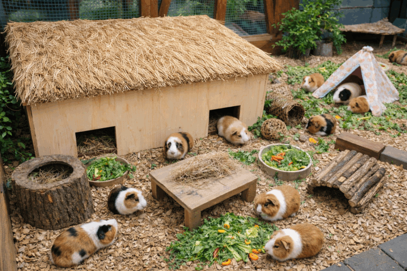 1. Kleines Meerschweinchen-Häuschen im Garten mit Zwergkaninchen.