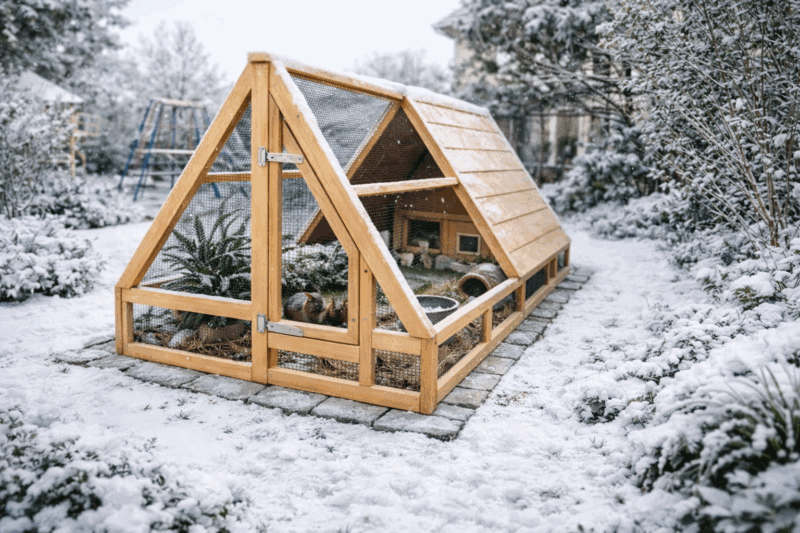 Häuschen für Meerschweinchen im Winter, isoliertes Freilaufgehege in Schneelandschaft.