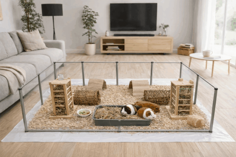 Käfig für Meerschweinchen mit Spielsachen und Rückzugsorten, ideal für artgerechte Haltung.